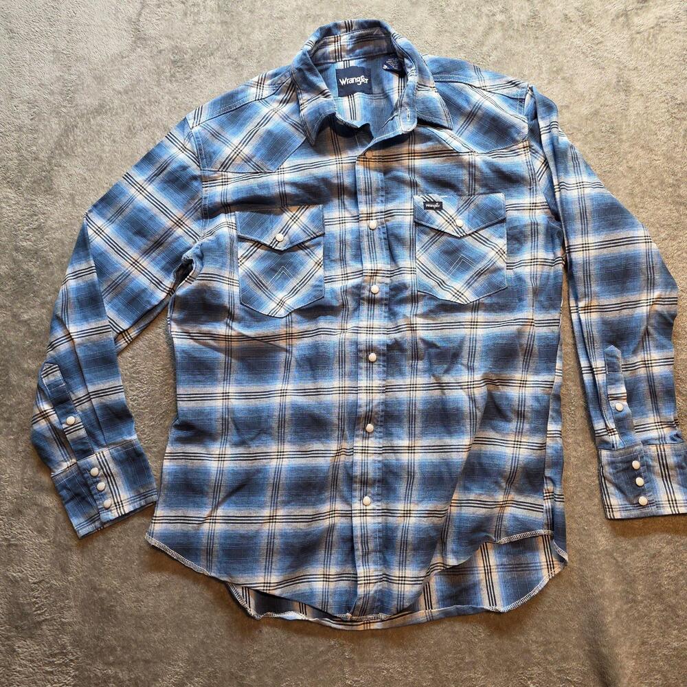 Wrangler Brush Popper Button Up Shirt Mens L Blue Plaid Western Pearl Snap